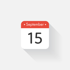 Calendar Icon with long shadow. Flat style. Date,day and month. Reminder. Vector illustration. Organizer application, app symbol. Ui. User interface sign. September. 15