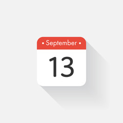 Calendar Icon with long shadow. Flat style. Date,day and month. Reminder. Vector illustration. Organizer application, app symbol. Ui. User interface sign. September. 13
