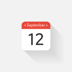 Calendar Icon with long shadow. Flat style. Date,day and month. Reminder. Vector illustration. Organizer application, app symbol. Ui. User interface sign. September. 12