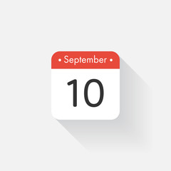 Calendar Icon with long shadow. Flat style. Date,day and month. Reminder. Vector illustration. Organizer application, app symbol. Ui. User interface sign. September. 10