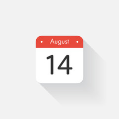 Calendar Icon with long shadow. Flat style. Date,day and month. Reminder. Vector illustration. Organizer application, app symbol. Ui. User interface sign. August. 14