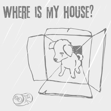 Sad homeless puppy looking for a home, linear vector sketch/Abandoned puppy in a box, animal cruelty, hand drawn illustration