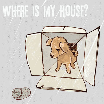 Sad homeless puppy looking for a home, vector color sketch/Abandoned puppy in a box, animal cruelty, hand drawn illustration