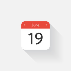 Calendar Icon with long shadow. Flat style. Date,day and month. Reminder. Vector illustration. Organizer application, app symbol. Ui. User interface sign. June. 19