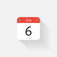 Calendar Icon with long shadow. Flat style. Date,day and month. Reminder. Vector illustration. Organizer application, app symbol. Ui. User interface sign. June. 6