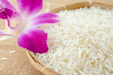 natural organic white rice in basket.