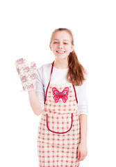 Young chef hold kitchen glove isolated