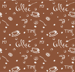 hand-drawn coffee seamless pattern . My coffee time quote. Doodles of coffee cup, donuts, spoons, coffee beans. Vector illustration