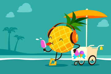 cartoon pineapple eat ice cream at the beach