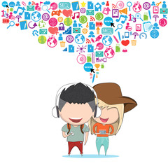 Male teens playing with phone happy template design thinking ide