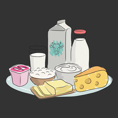 Milk products on plate, vector illustration - 109663145