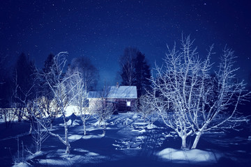 Winter night landscape village small house