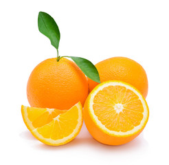 fresh oranges with leaves on white background