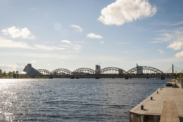 View on railway bridge over Daugava river in Riga