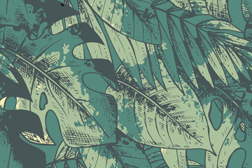 Seamless pattern with green hand drawn tropical plants