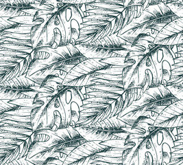 Panele Szklane Podświetlane  Wzór z ręcznie rysowanymi roślinami tropikalnymi