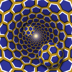 Optical illusion illustration. Two balls with a hexagons pattern are moving on rotating blue hexagons golden funnel. Abstract fantasy in a surreal style.