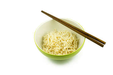Instant noodles in green cup isolated on white background