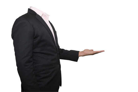  business man showing something on his hand isolated on white ba