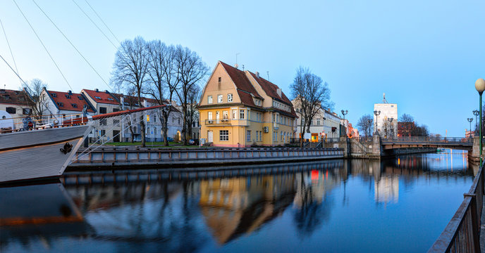Early morning over the Old Town district. Dane river. Klaipeda, Lithuania