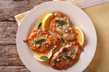 grilled chicken breast with sage, garlic and oil closeup. horizontal top view 
