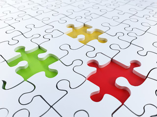 Fototapeta premium Jigsaw puzzle background with green, yellow and red holes