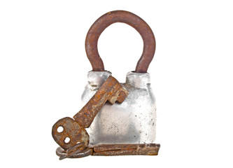 Closed steel padlock and old keys isolated on a white background