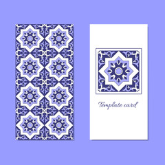Ornamental template layout vector and geometric tiles pattern. White and blue oriental decorative print for greeting card or invitation design. Traditional tiles - ottoman, spanish or azulejo motifs.