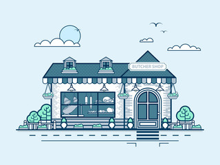 city street with butcher shop in line style
