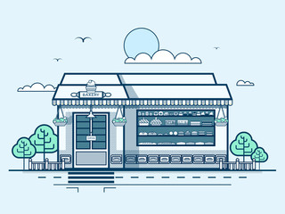 Obraz premium city street with bakery, modern architecture in line style