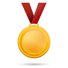 Gold medal on a red ribbon. Vector illustration isolated on white background