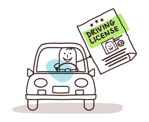 cartoon characters and car - driving license