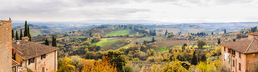 Panoramic view from San Gimignano in autumn, Tuscany, Italy