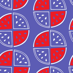 Seamless pattern of watermelon slices on a purple background.