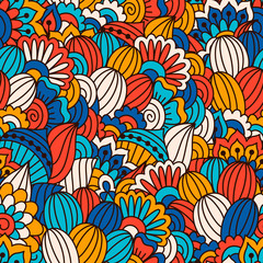 Hand drawn seamless pattern with floral elements. Colorful ethnic background. Pattern can be used for fabric, wallpaper or wrapping