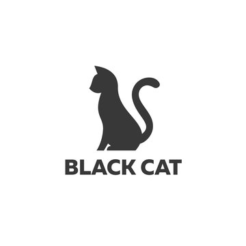Black cat sitting on a white background Logo Design in modern minimalist illustrations flat icons