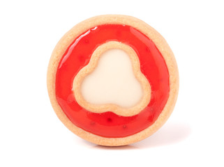 one cookie with jelly and heart on a white background