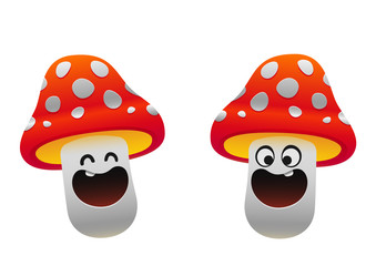 cheerful mushroom smiling two types red and white