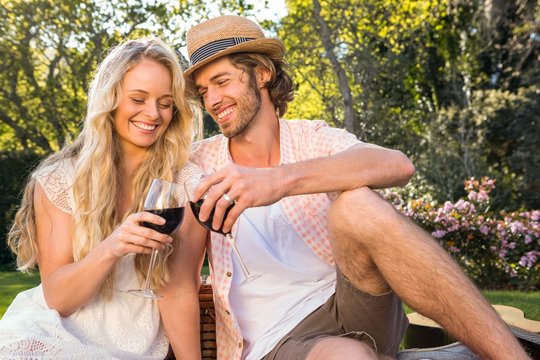 Happy Couple Having A Picnic And Drink Red Wine