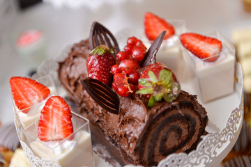 Chocolate cake with strawberries and vanilla cupcakes