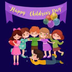 Vector illustration kids playing, greeting card happy childrens day background