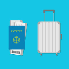  Suitcase icon. Travel baggage.  Luggage handbag. Summer vacation planning consept. Travelling tourism. Passport, air boarding pass ticket with barcode.Passenger case. Flat Isolated. Blue background.