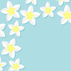 Frangipani Plumeria Tropical flower icon set. Hawaii, Bali plant Flower frame corner. Blue background. Flat design