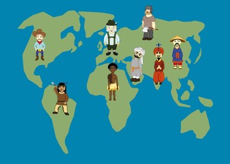 Fototapeta premium World Map and people in traditional costumes. World nations: american, indian, russian, chinese, german, arabic, african.