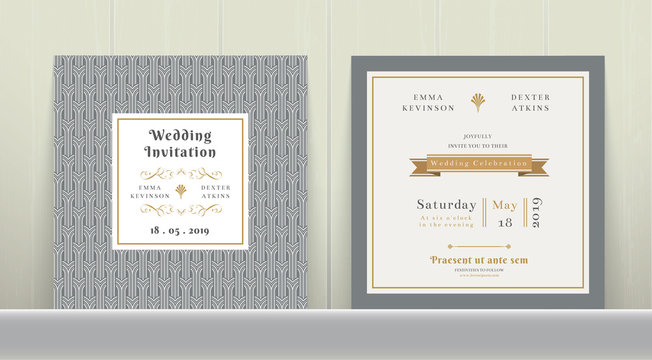 Art Deco Wedding Invitation Card in Gold and Gray colour
