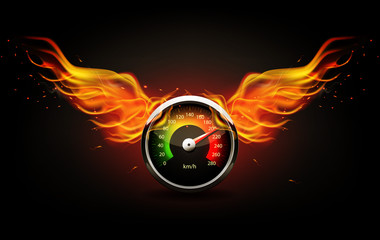 Speedometer with fire wings. Racing background.
