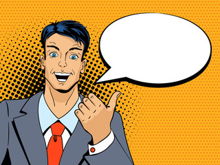 Surprised man with pointing finger in pop art retro style.