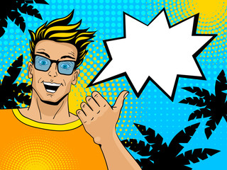 Surprised blond man with open mouth in pop art comic style.