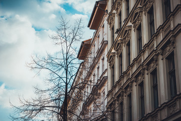darken facade with blue dark sky