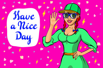 Cute girl wish you a nice day. Vector illustration. It can be used as gluing either card, for wish or with letter.